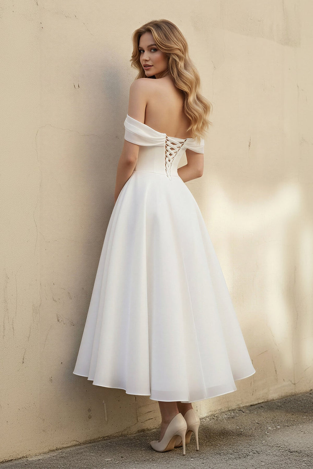 A-Line Off-The-Shoulder Sleeveless Tea-Length Organza Wedding Dresses - Curvevia