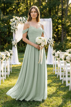 A-Line Off-the-Shoulder Pleated Chiffon Bridesmaid Dress in Sage - Curvevia