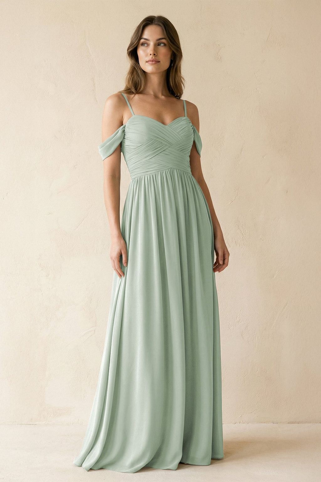 A-Line Off-the-Shoulder Pleated Chiffon Bridesmaid Dress in Sage - Curvevia