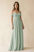 A-Line Off-the-Shoulder Pleated Chiffon Bridesmaid Dress in Sage - Curvevia