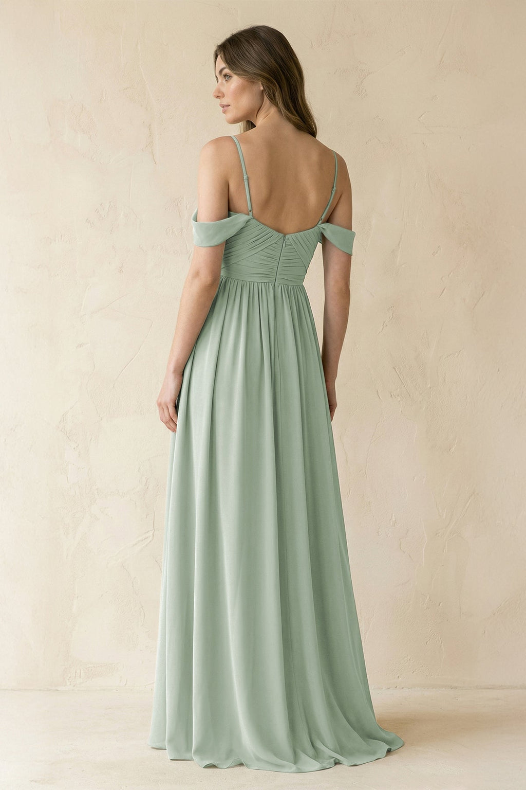 A-Line Off-the-Shoulder Pleated Chiffon Bridesmaid Dress in Sage - Curvevia