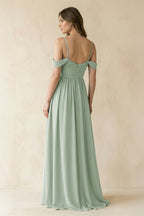 A-Line Off-the-Shoulder Pleated Chiffon Bridesmaid Dress in Sage - Curvevia