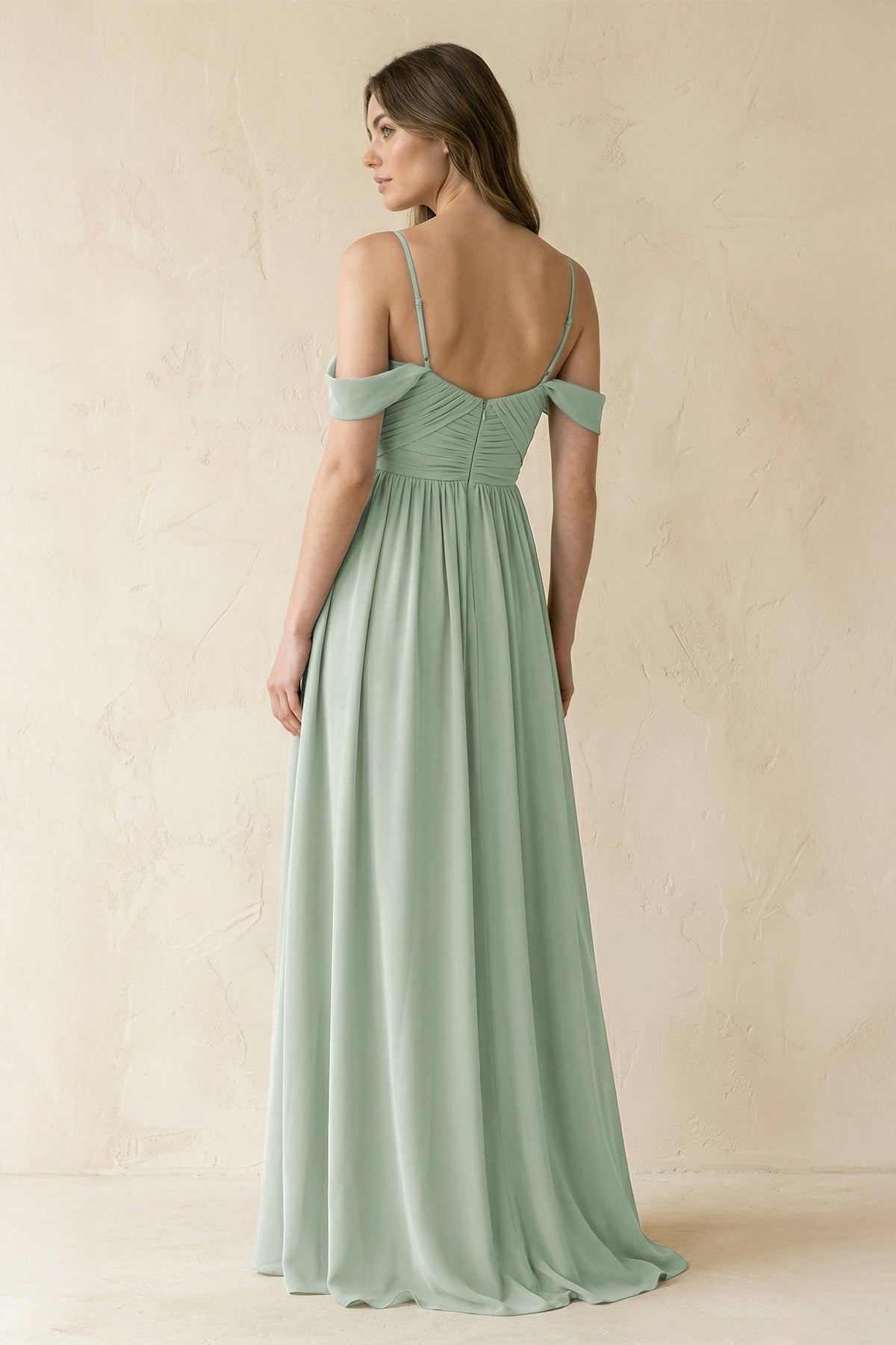 A-Line Off-the-Shoulder Pleated Chiffon Bridesmaid Dress in Sage - Curvevia