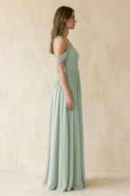 A-Line Off-the-Shoulder Pleated Chiffon Bridesmaid Dress in Sage - Curvevia