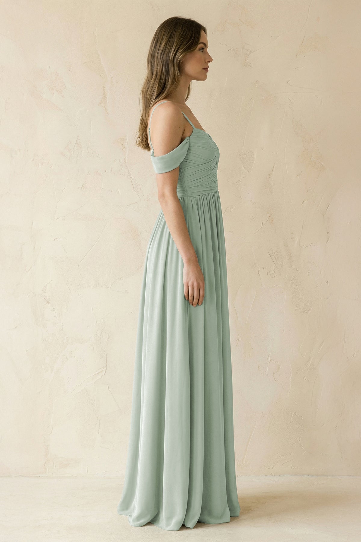 A-Line Off-the-Shoulder Pleated Chiffon Bridesmaid Dress in Sage - Curvevia