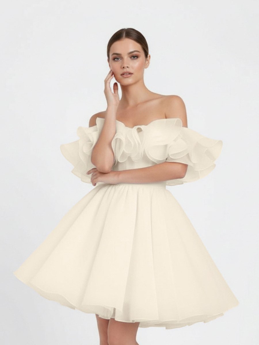 A-Line Off-The-Shoulder Sleeveless Short Mini Organza Wedding Dresses - Curvevia