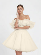 A-Line Off-The-Shoulder Sleeveless Short Mini Organza Wedding Dresses - Curvevia