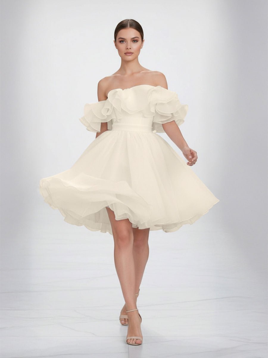 A-Line Off-The-Shoulder Sleeveless Short Mini Organza Wedding Dresses - Curvevia