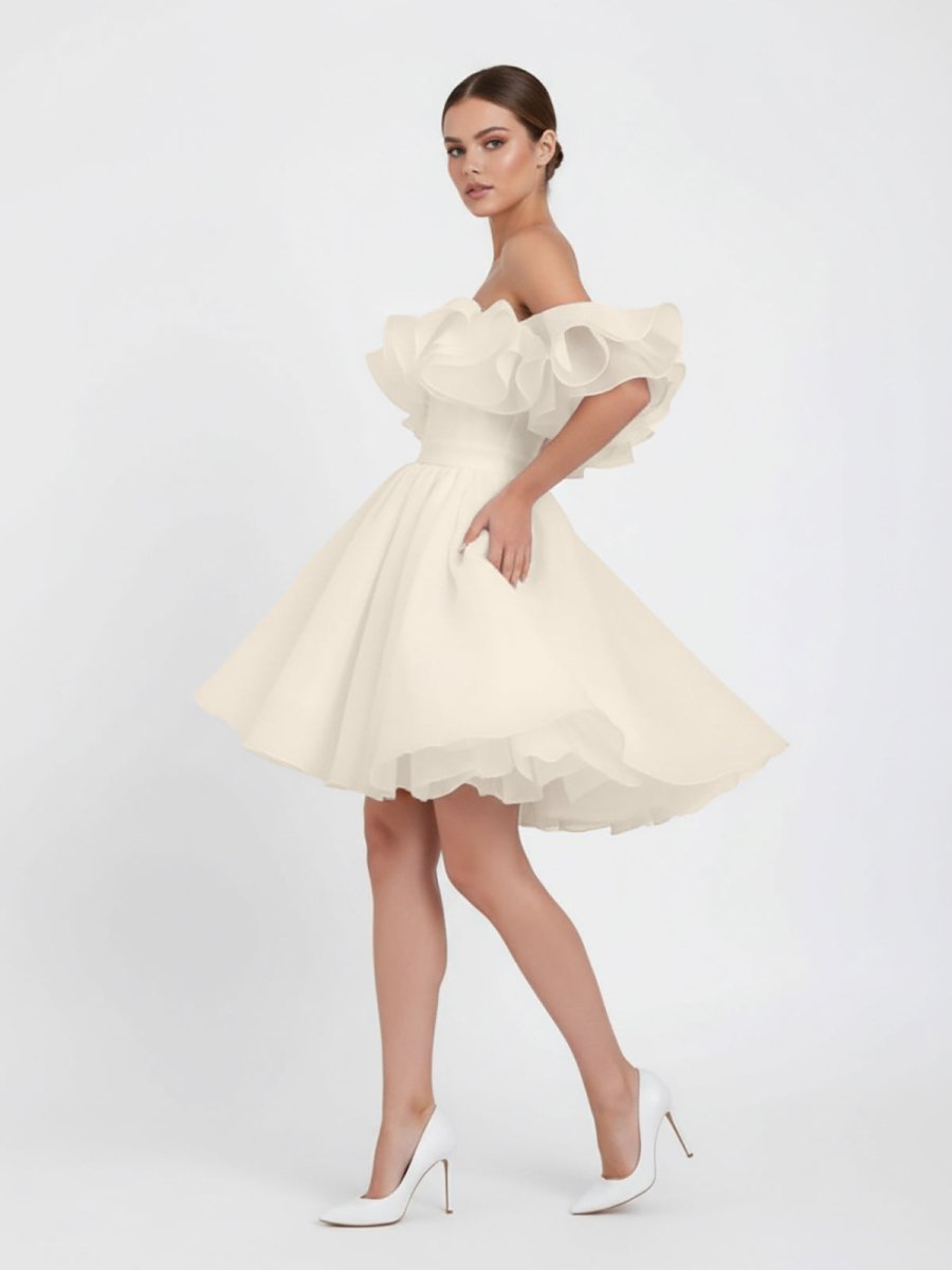 A-Line Off-The-Shoulder Sleeveless Short Mini Organza Wedding Dresses - Curvevia