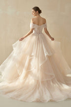 Champagne Organza Ball-Gown Off-the-Shoulder Wedding Dress - Curvevia