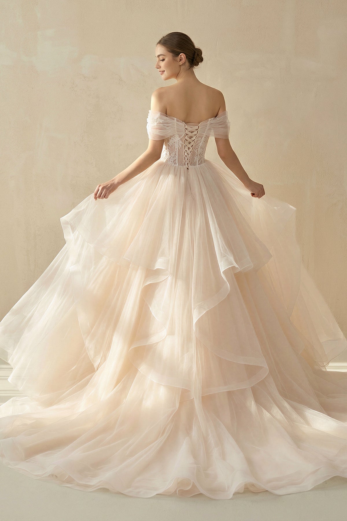 Champagne Organza Ball-Gown Off-the-Shoulder Wedding Dress - Curvevia