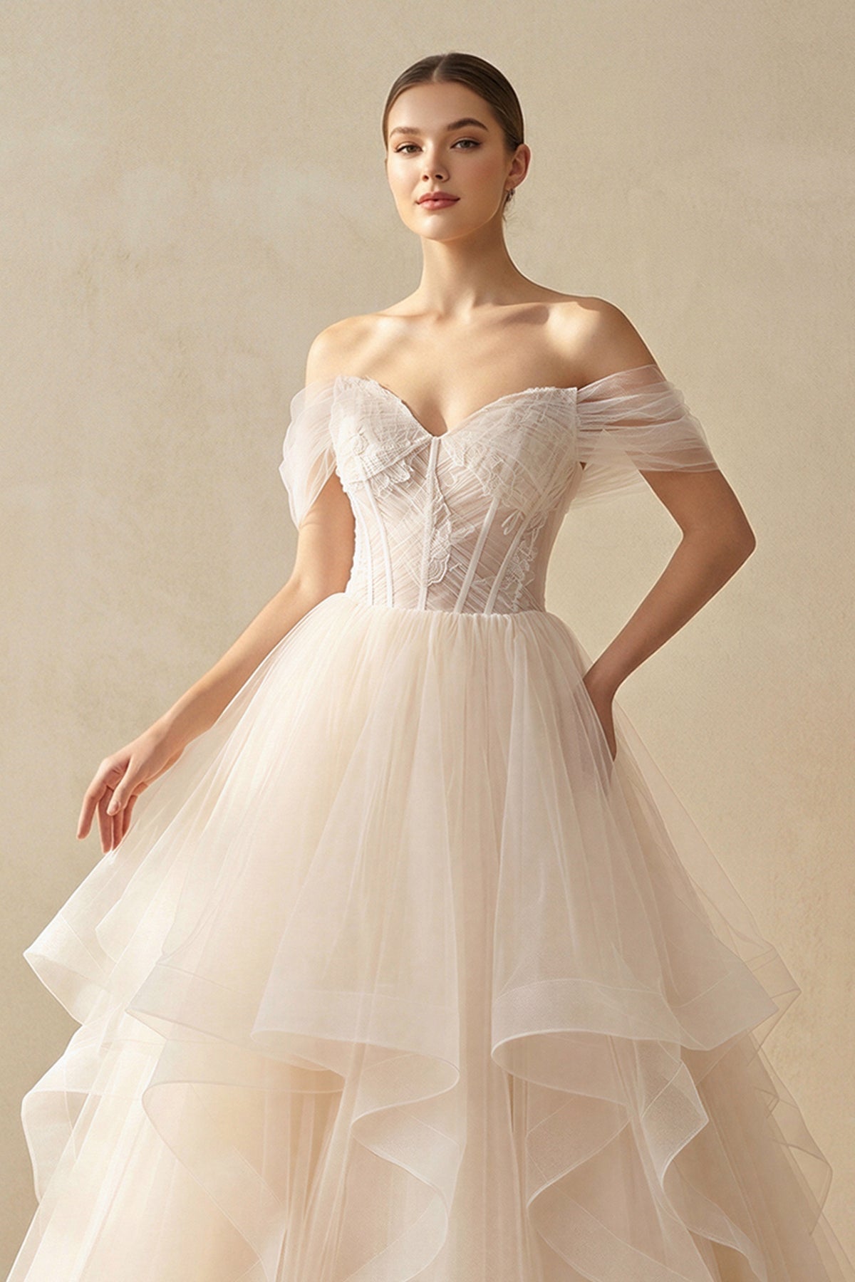 Champagne Organza Ball-Gown Off-the-Shoulder Wedding Dress - Curvevia