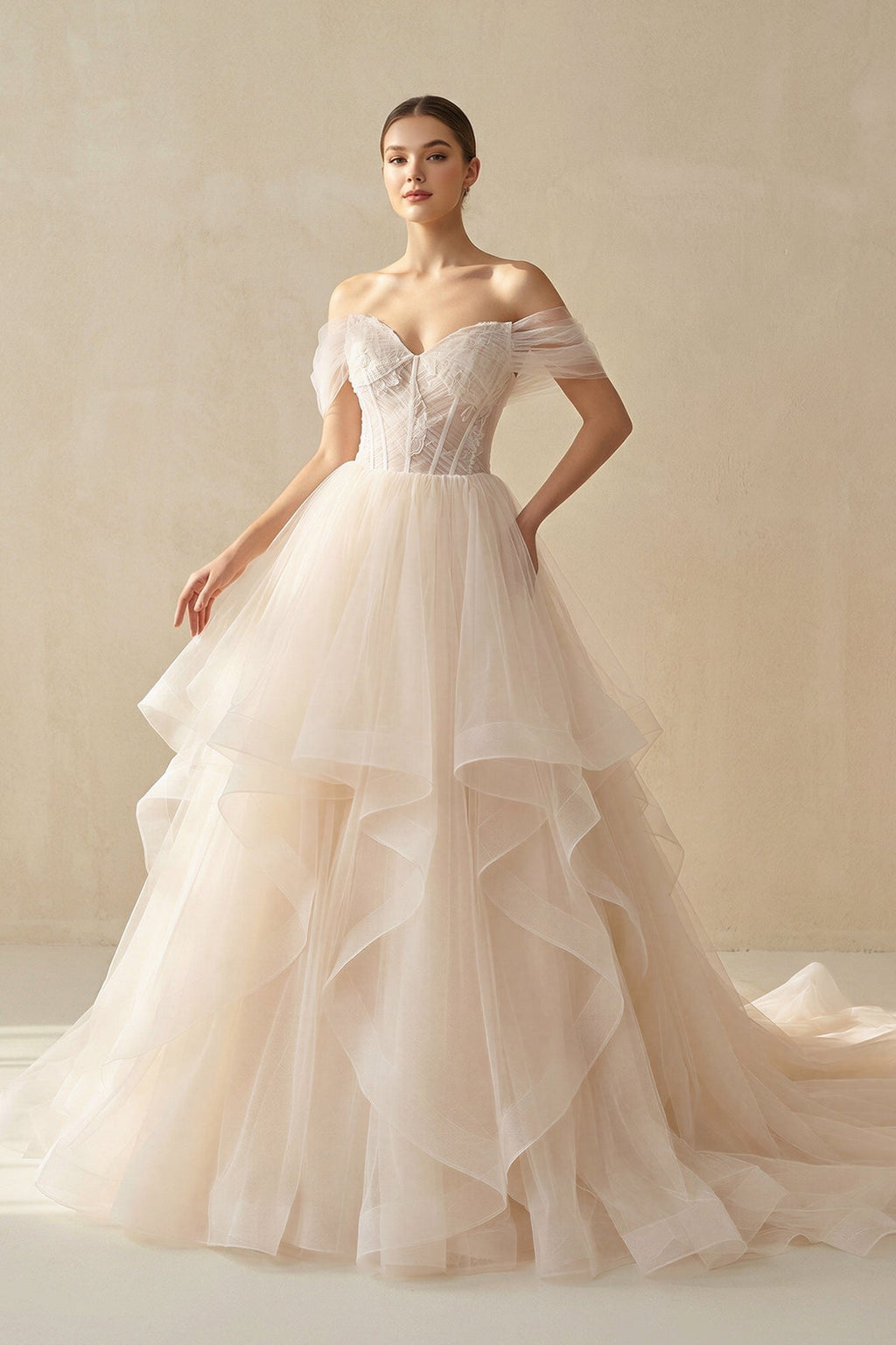 Champagne Organza Ball-Gown Off-the-Shoulder Wedding Dress - Curvevia