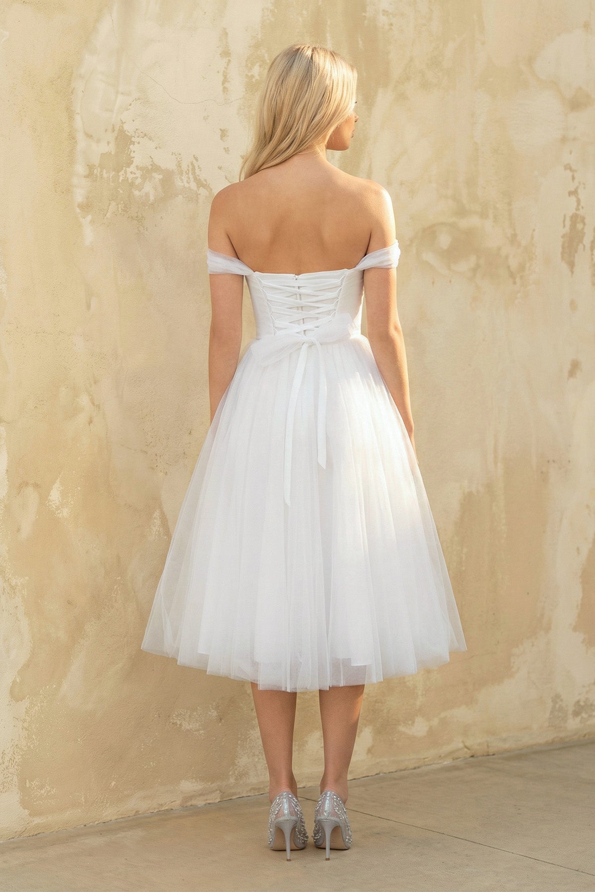 Sweet A-Line Off-The-Shoulder Little White Tulle Wedding Dresses - Curvevia