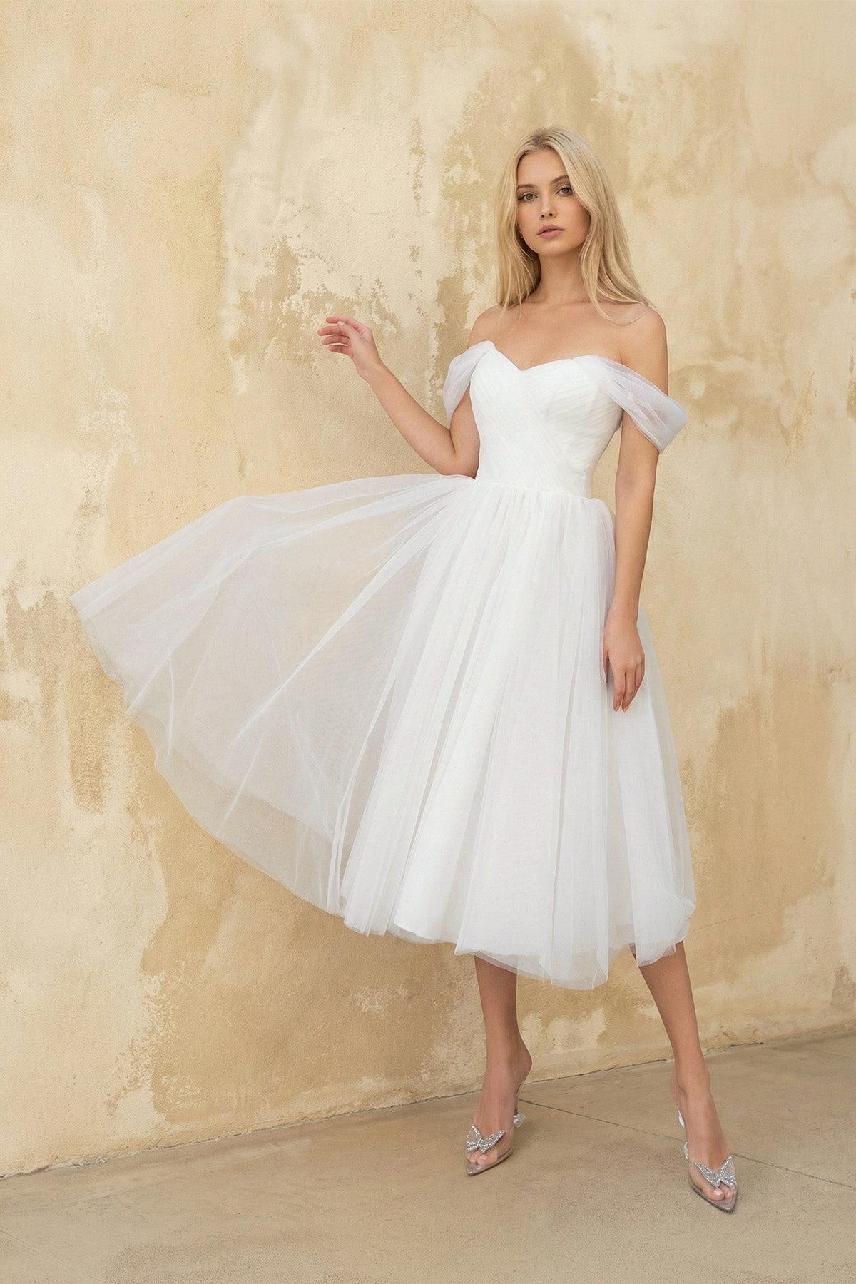Sweet A-Line Off-The-Shoulder Little White Tulle Wedding Dresses - Curvevia