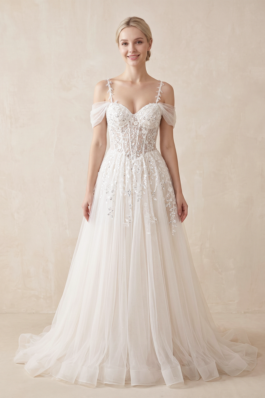 A-Line Off-The-Shoulder Tulle Wedding Dresses With Appliques Lace - Curvevia
