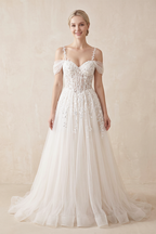 A-Line Off-The-Shoulder Tulle Wedding Dresses With Appliques Lace - Curvevia