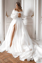 A-Line Off the Shoulder White Wedding Dress with Slit - Curvevia