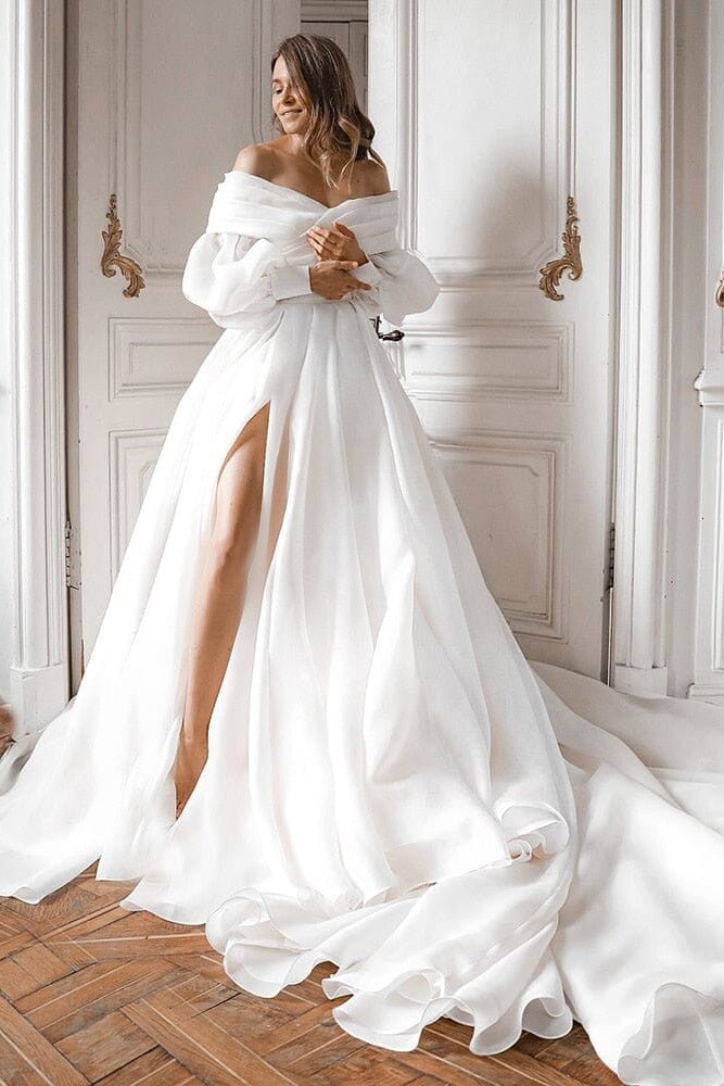A-Line Off the Shoulder White Wedding Dress with Slit - Curvevia