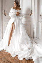 A-Line Off the Shoulder White Wedding Dress with Slit - Curvevia