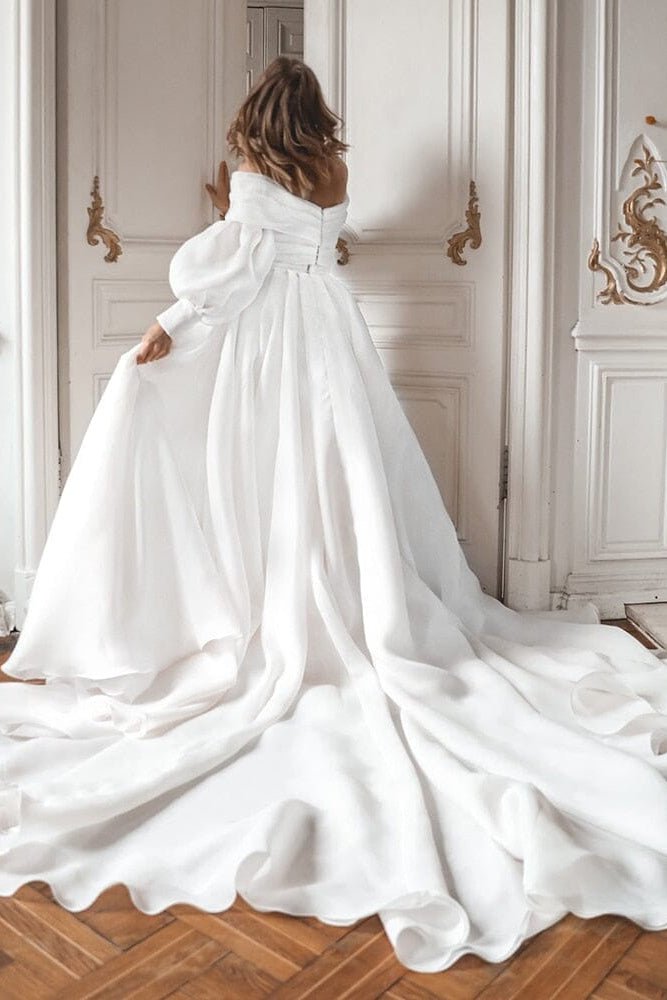 A-Line Off the Shoulder White Wedding Dress with Slit - Curvevia