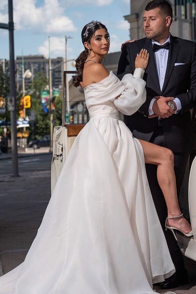 A-Line Off the Shoulder White Wedding Dress with Slit - Curvevia
