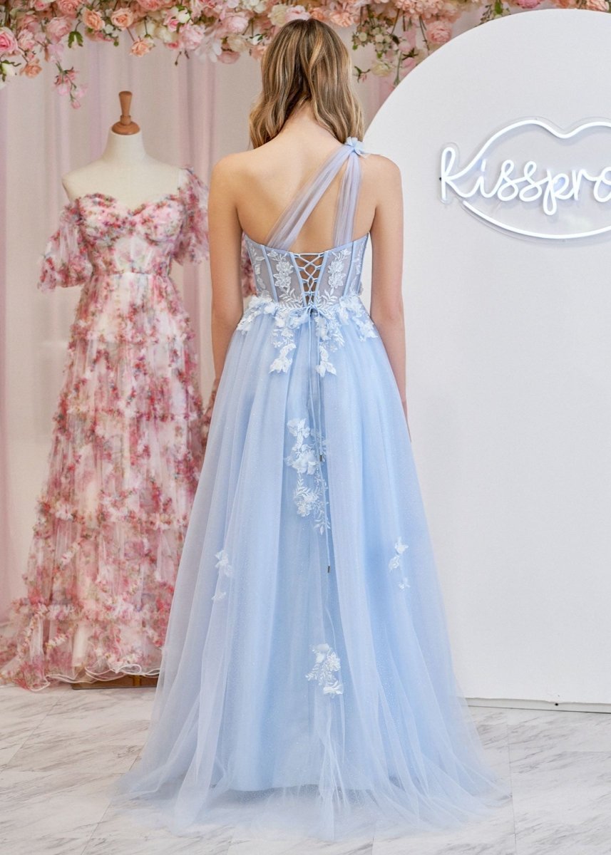 A Line One Shoulder Black Long Prom Dress with Appliques - Curvevia