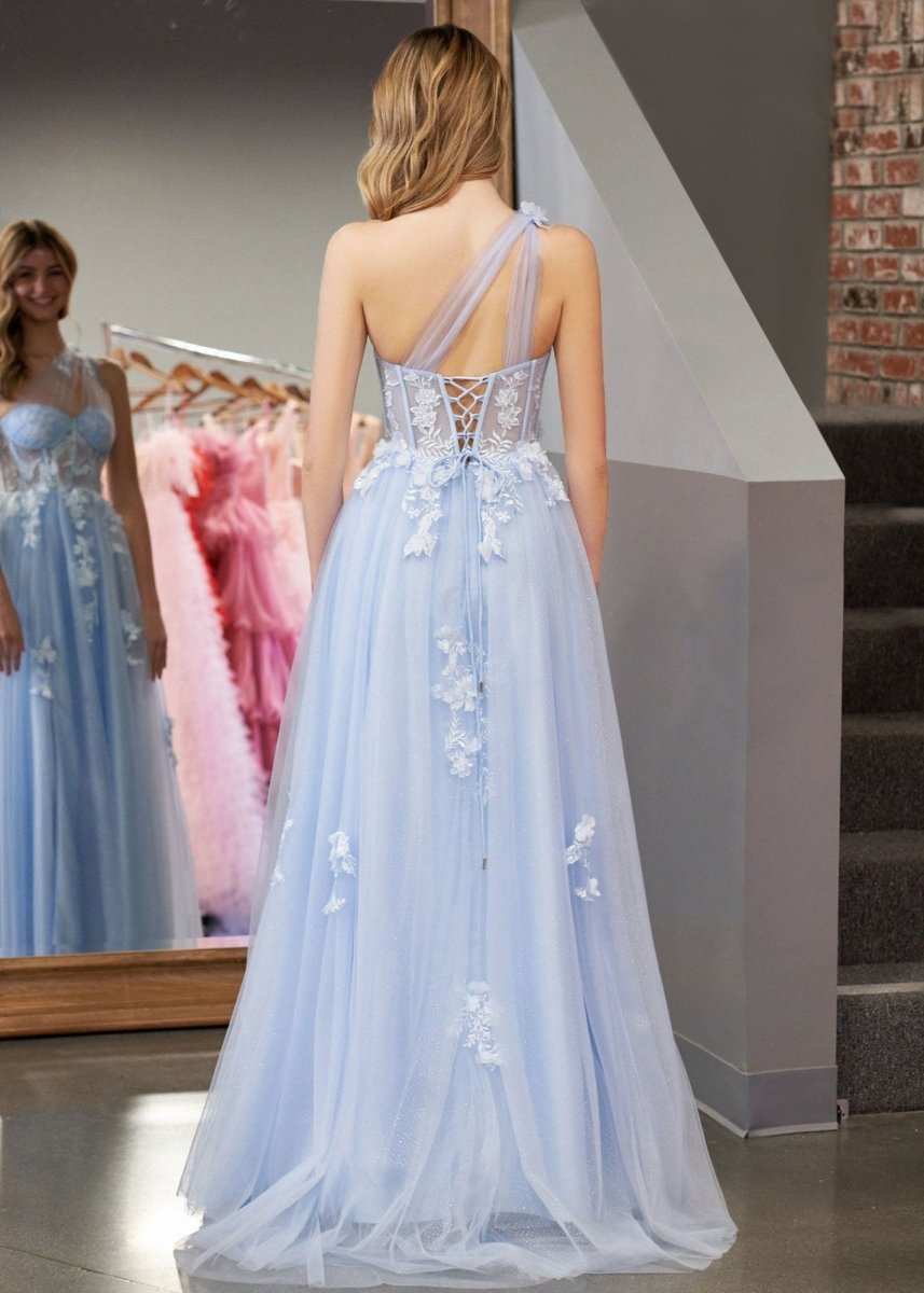 A Line One Shoulder Black Long Prom Dress with Appliques - Curvevia