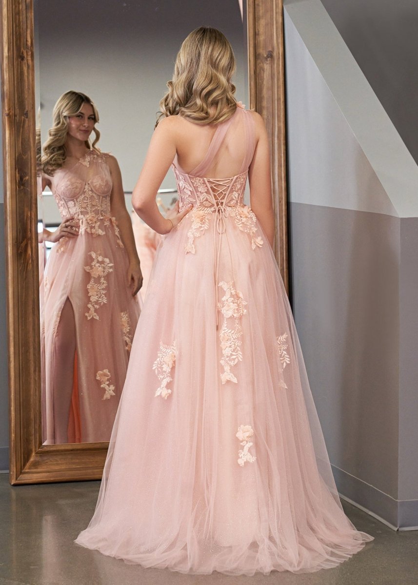 A Line One Shoulder Black Long Prom Dress with Appliques - Curvevia