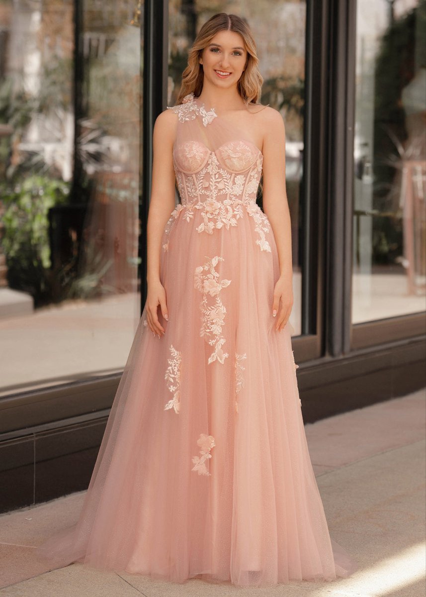 A Line One Shoulder Black Long Prom Dress with Appliques - Curvevia
