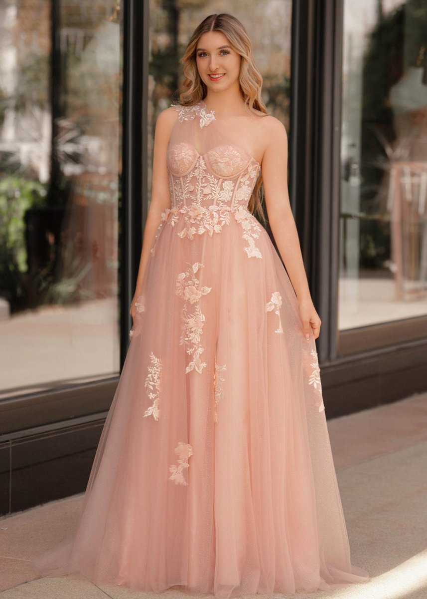 A Line One Shoulder Black Long Prom Dress with Appliques - Curvevia