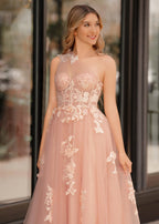A Line One Shoulder Black Long Prom Dress with Appliques - Curvevia