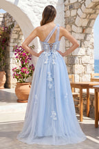 A Line One Shoulder Black Long Prom Dress with Appliques - Curvevia