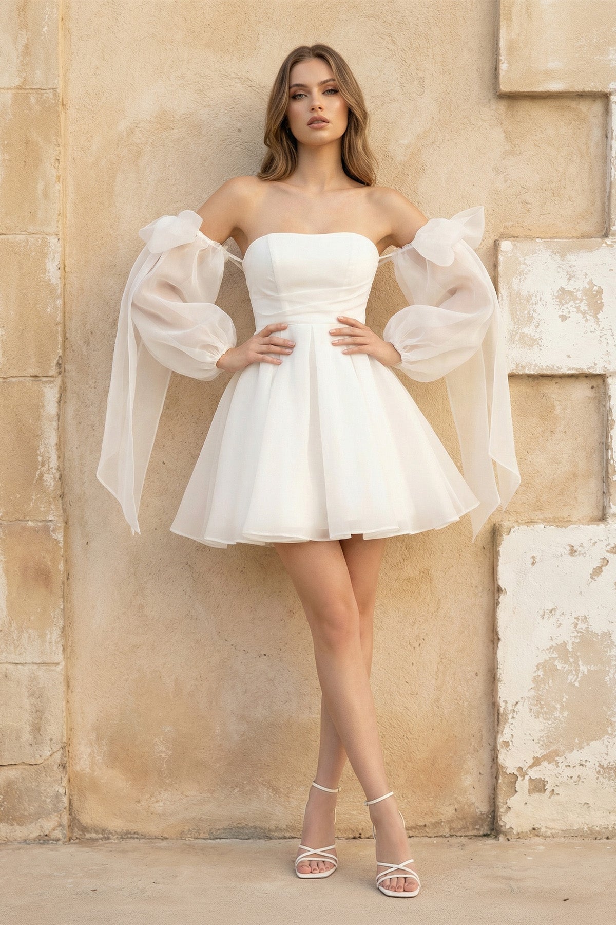 A-Line Puff Long Sleeves Short Wedding Dresses With Bows - Curvevia