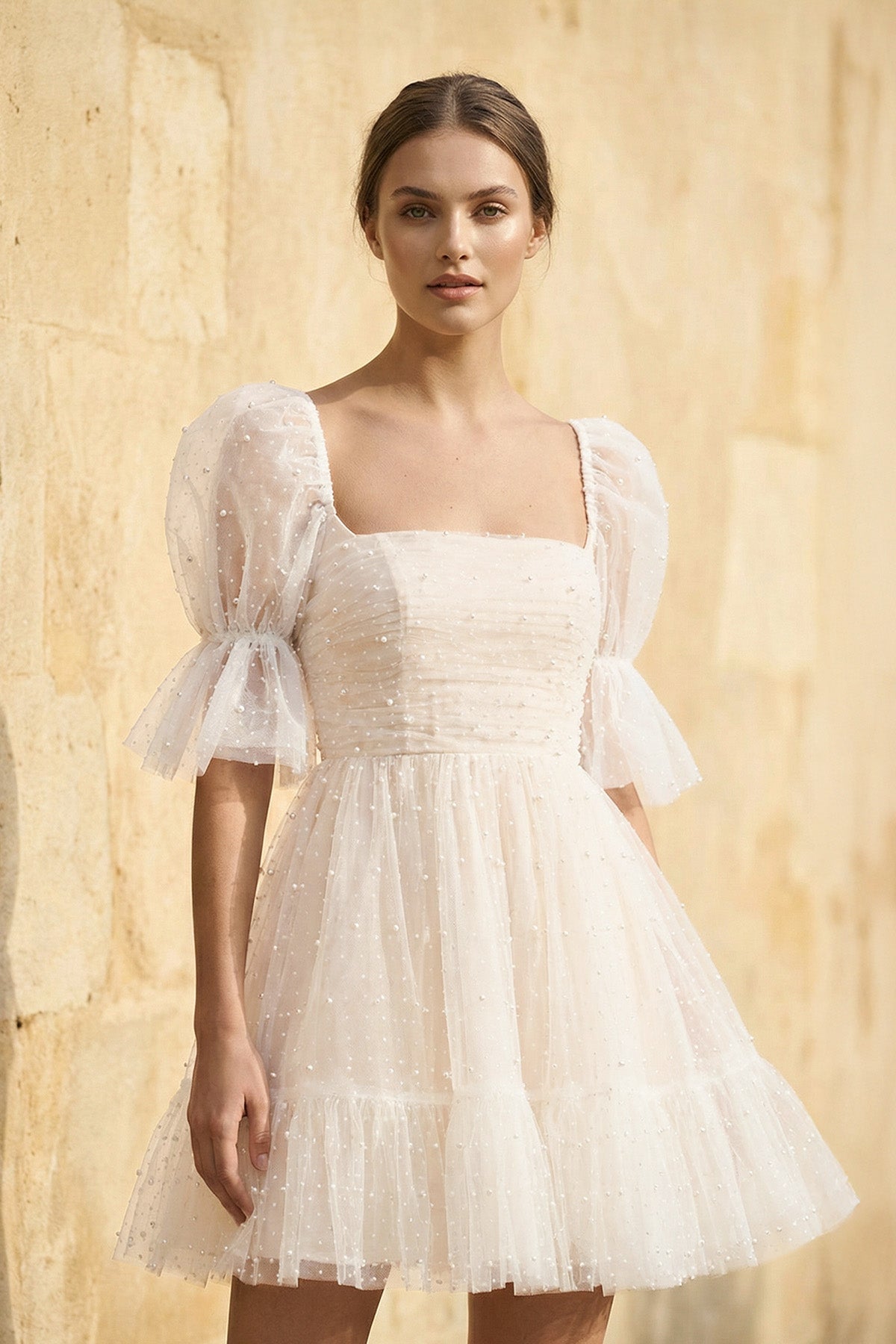 Pearl Short Reception Wedding Dresses With Bubble Sleeves - Curvevia