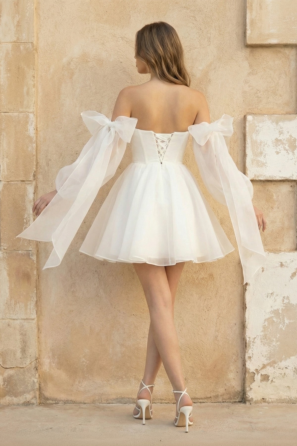 A-Line Puff Long Sleeves Short Wedding Dresses With Bows - Curvevia