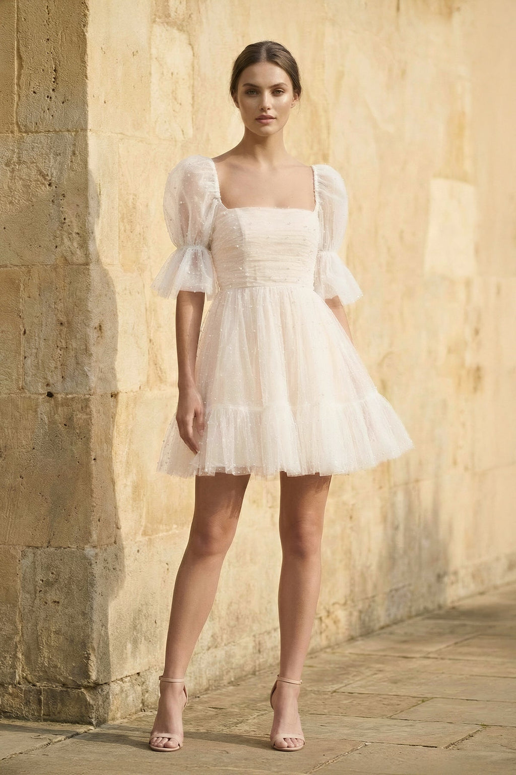 Pearl Short Reception Wedding Dresses With Bubble Sleeves - Curvevia