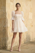 Pearl Short Reception Wedding Dresses With Bubble Sleeves - Curvevia