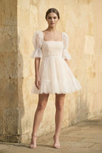 Pearl Short Reception Wedding Dresses With Bubble Sleeves - Curvevia