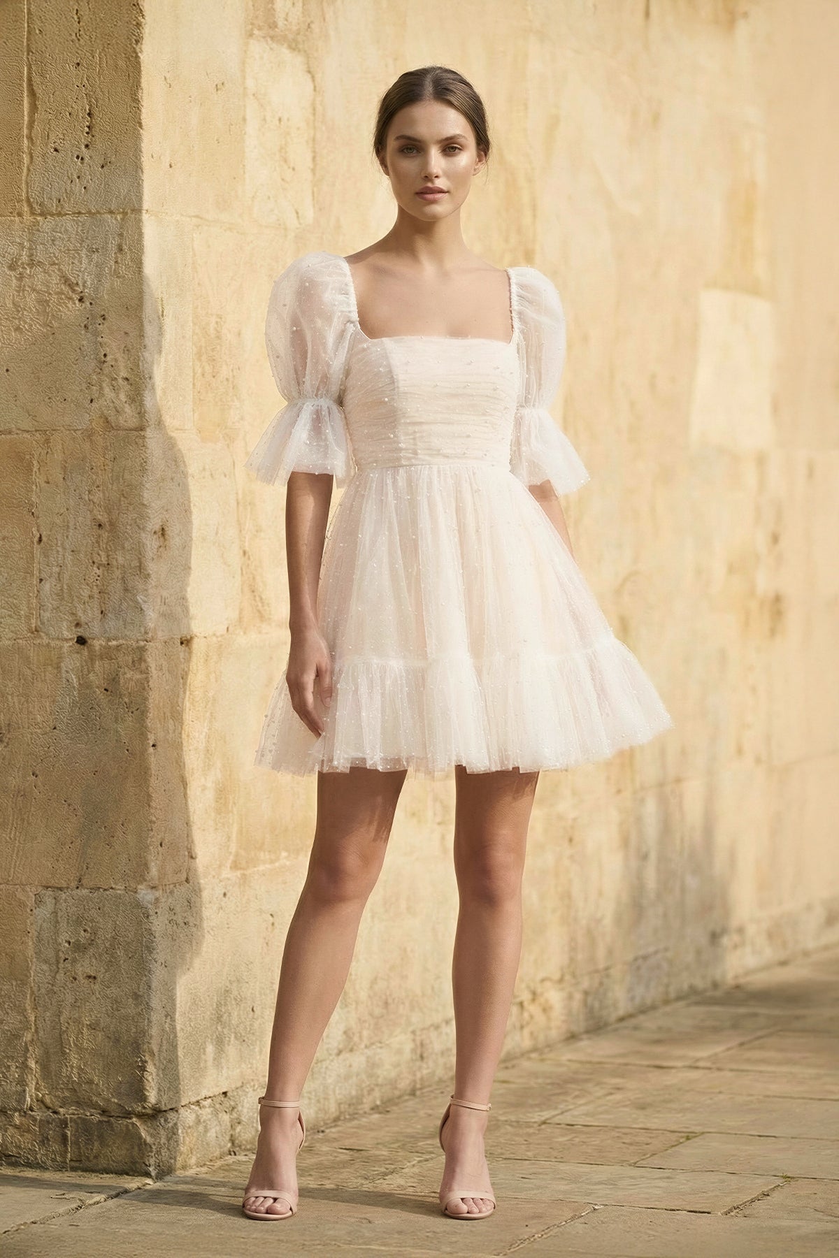 Pearl Short Reception Wedding Dresses With Bubble Sleeves - Curvevia