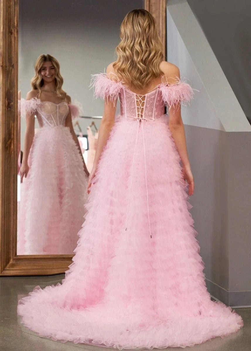 A Line Sweetheart Tiered Tulle Long Prom Dress With Slit - Curvevia