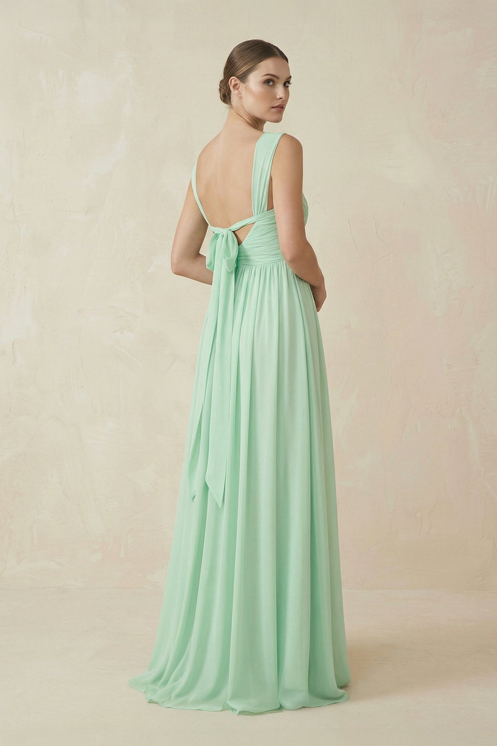 A-Line Pleated Chiffon Long Bridesmaid Dress in Pale Pistachio - Curvevia