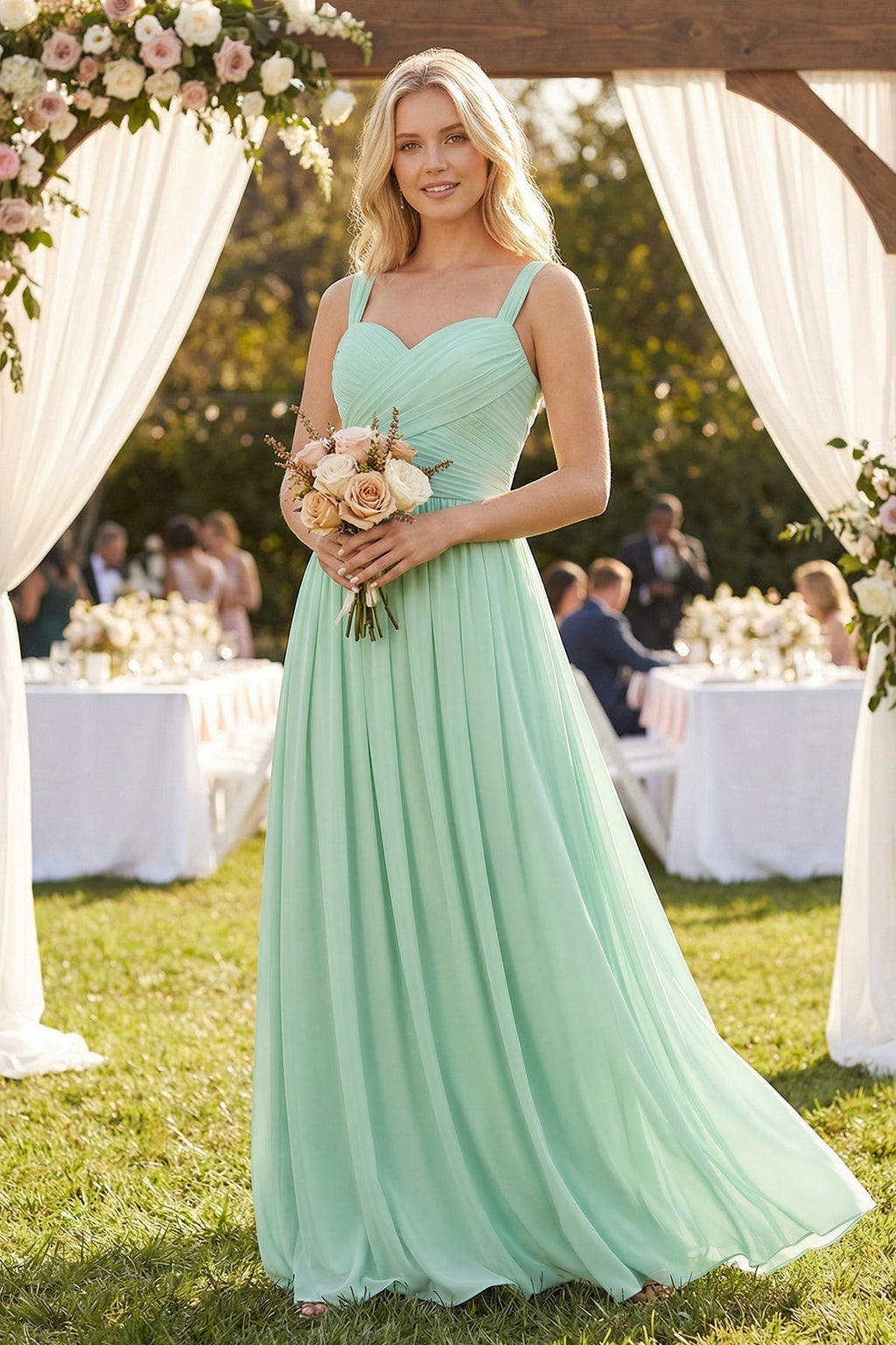 A-Line Pleated Long Chiffon Bridesmaid Dress in Pale Pistachio - Curvevia