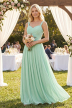 A-Line Pleated Long Chiffon Bridesmaid Dress in Pale Pistachio - Curvevia