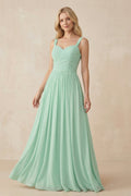 A-Line Pleated Long Chiffon Bridesmaid Dress in Pale Pistachio - Curvevia