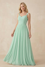 A-Line Pleated Long Chiffon Bridesmaid Dress in Pale Pistachio - Curvevia