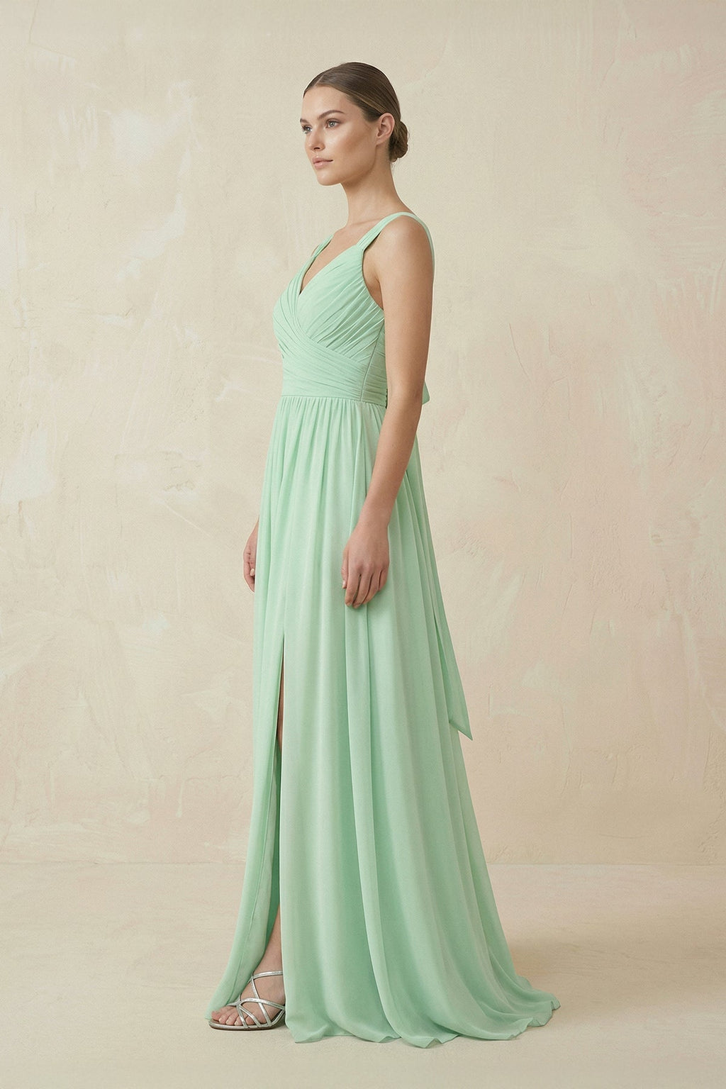 A-Line Pleated Chiffon Long Bridesmaid Dress in Pale Pistachio - Curvevia