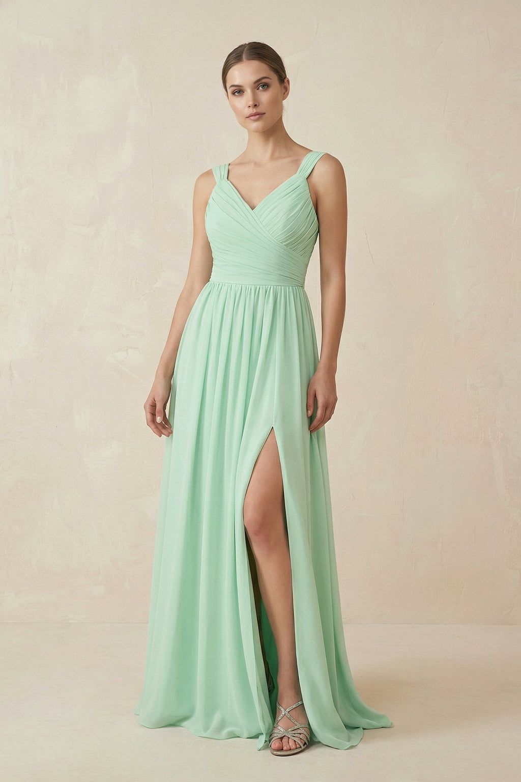A-Line Pleated Chiffon Long Bridesmaid Dress in Pale Pistachio - Curvevia