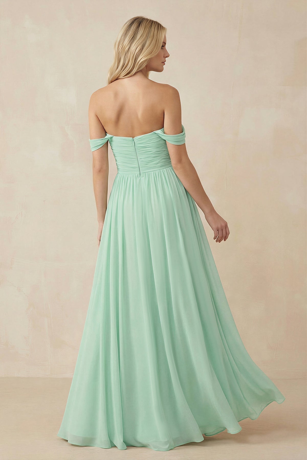 A-Line Pleated Long Chiffon Bridesmaid Dress in Pale Pistachio - Curvevia