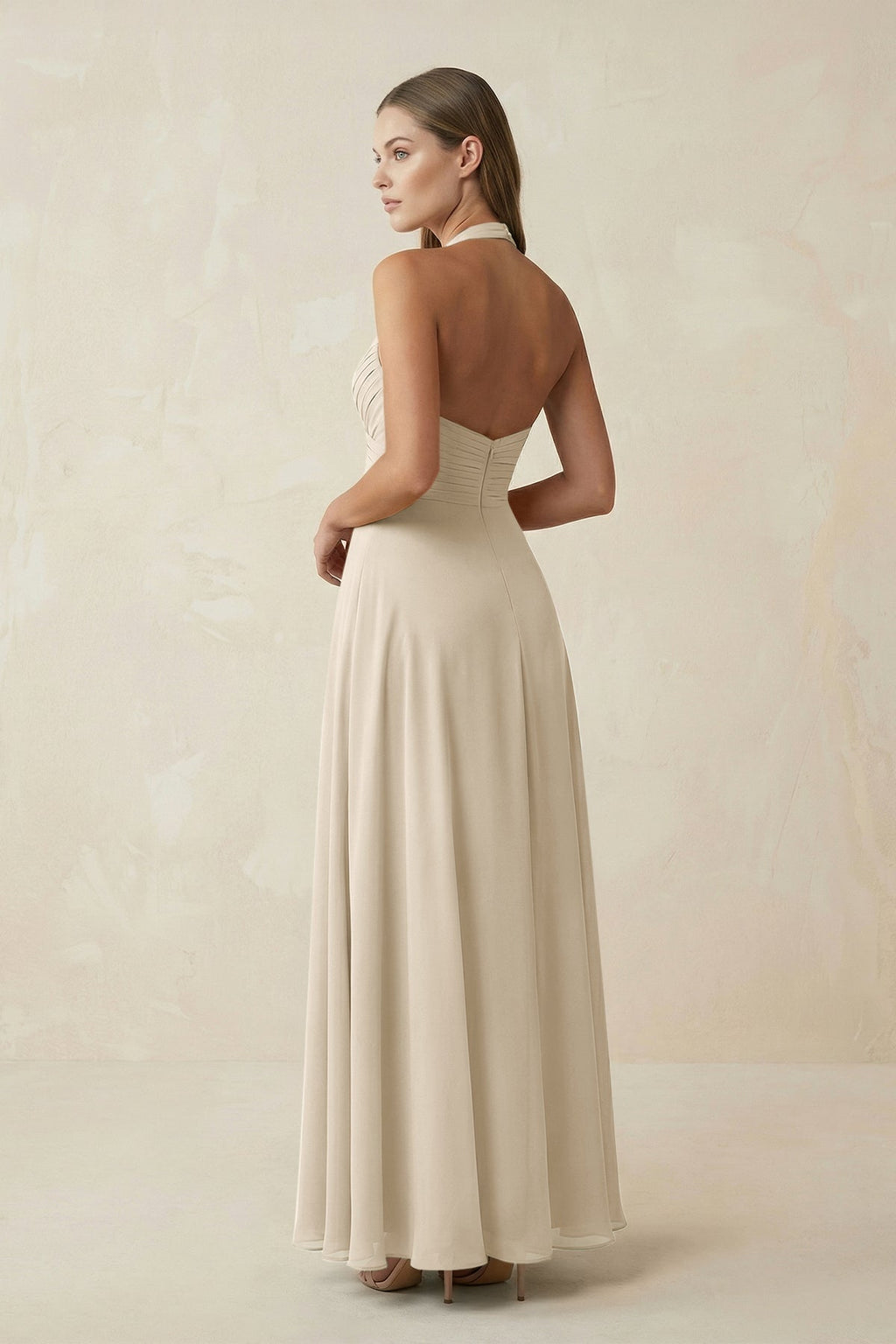 A-Line Pleated Chiffon V-Neck Mother of the Bride Dress in Champagne - Curvevia